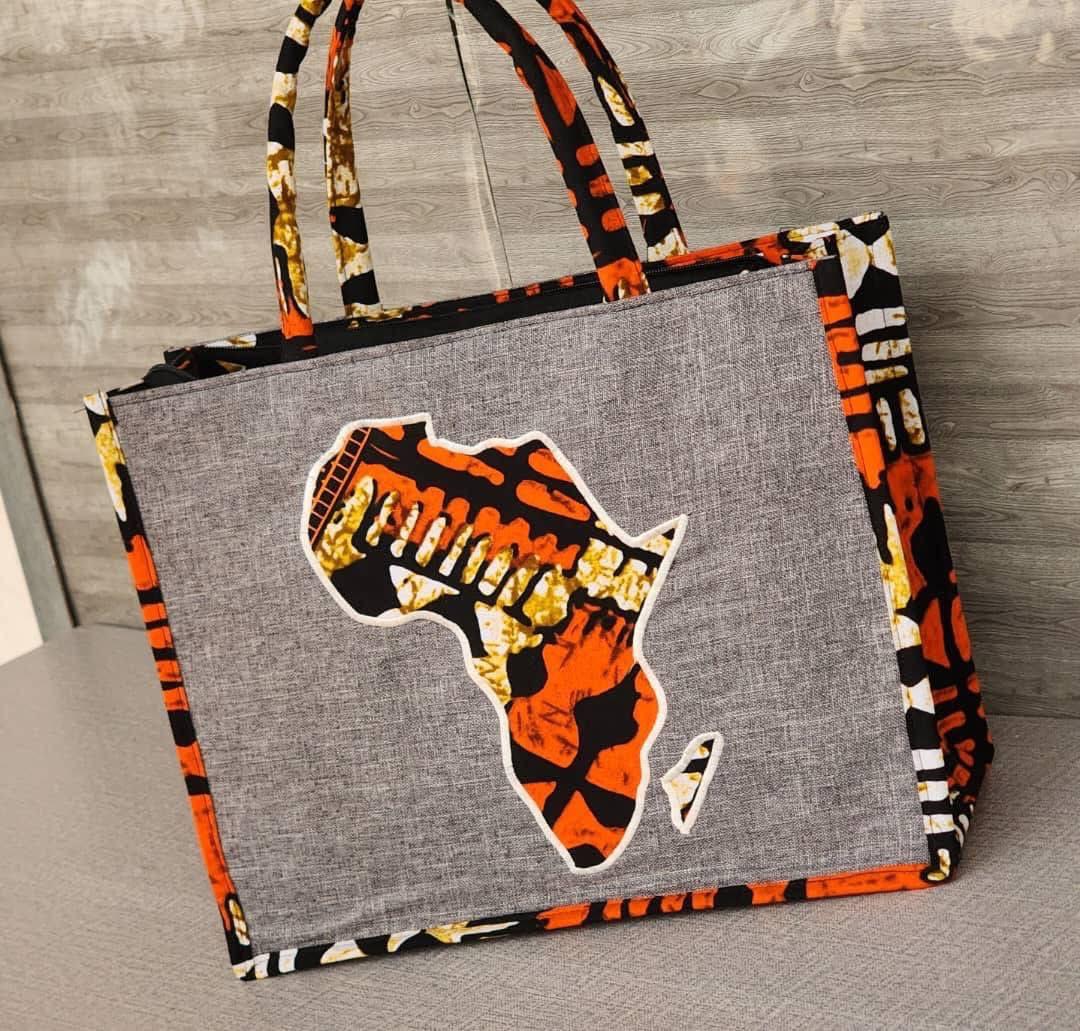Sac Cabas 'Continent Africain' Toile Grise & Wax Orange
