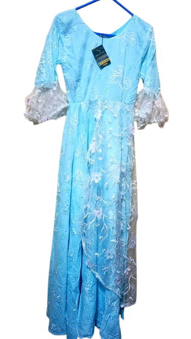 Robe Longue- Broderies & Manches Dentelle 12 à 14 ans